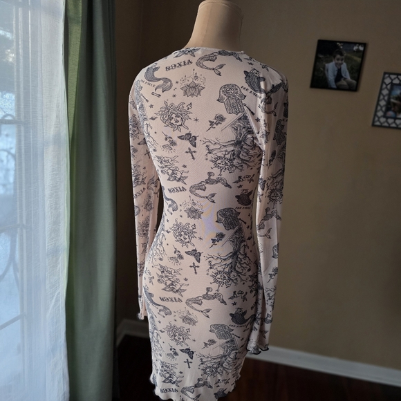 Bear Dance Sheer Tattoo Print Mesh Mini Dress Nude Black Size M - Picture 5 of 7